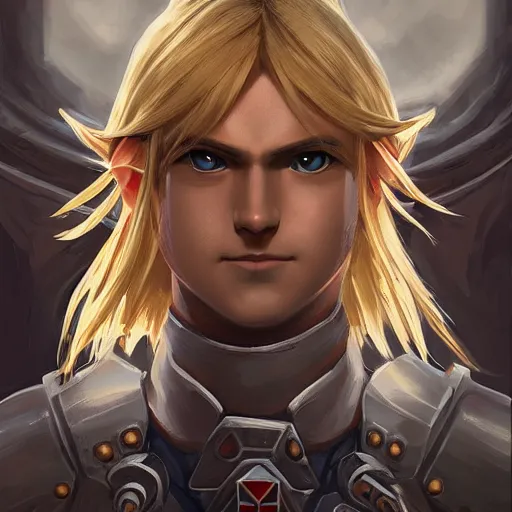 Prompt: front centered symmetrical RPG avatar portrait, Link legend of zelda as a young knight, blonde hair, ornate armour, dramatic lighting, cinematic, establishing shot, high detail, cinematic lighting, post processed, 8k, concept art, artstation, matte painting, in the style of eddie mendoza, raphael lacoste, alex ross