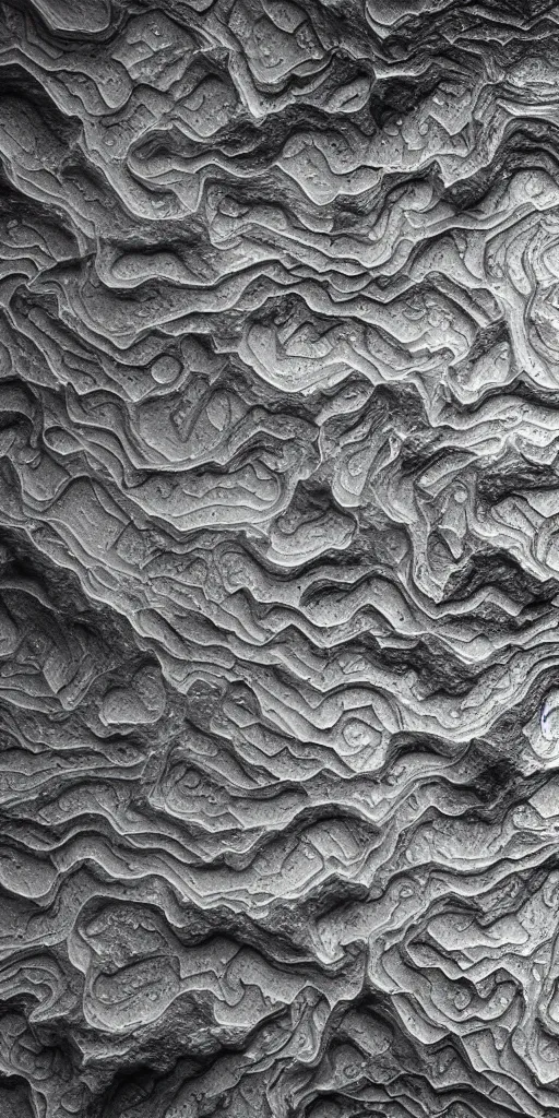 Prompt: a photorealistic render of a topographic map, on a black background, greyscale, made of melted plastic and marble, c 4 d, by zhelong xu ouchh studio and ernst haeckel, wide angle, hyper realistic, plain black background, 8 k, volumetric lightning, octane render