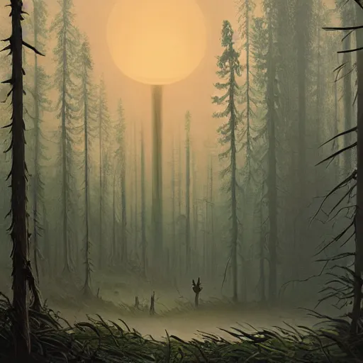 Image similar to simon stalenhag, bionicle, forest, foggy, horror