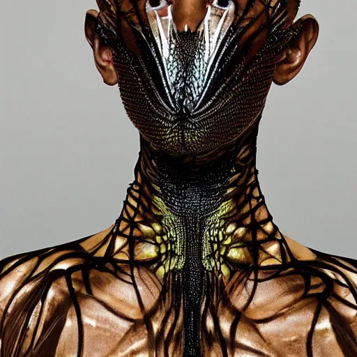Prompt: a beautiful young male wearing iris van herpen painted by michelangelo