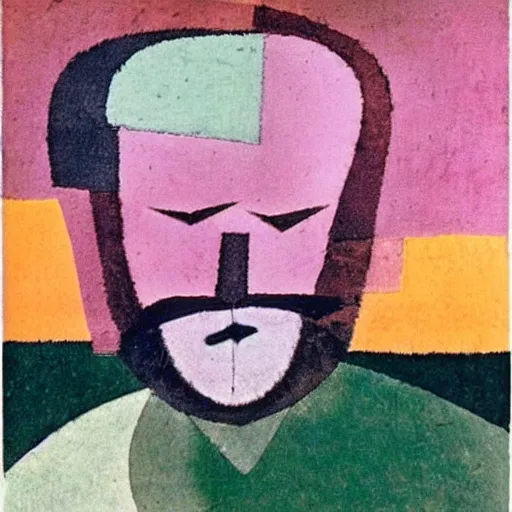 Image similar to paul klee painting of beard grandpa taking a photo to a baby girl