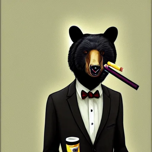 Image similar to a black bear wearing a suit and tie with a cigarette in his mouth, cyberpunk art by Cyril Rolando, featured on deviantart, furry art, furaffinity, smokey background, digital painting