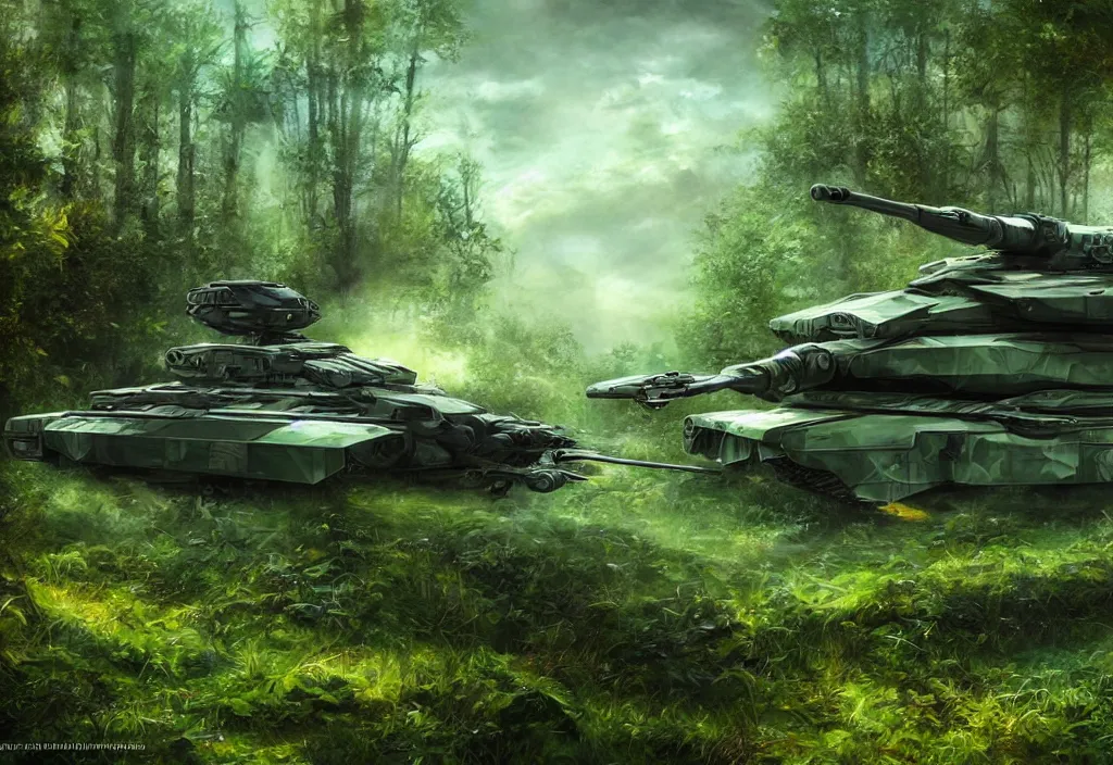 Prompt: shiny futuristic military tank in a very fertile green forest environment, fantasy art, scifi art, airbrush
