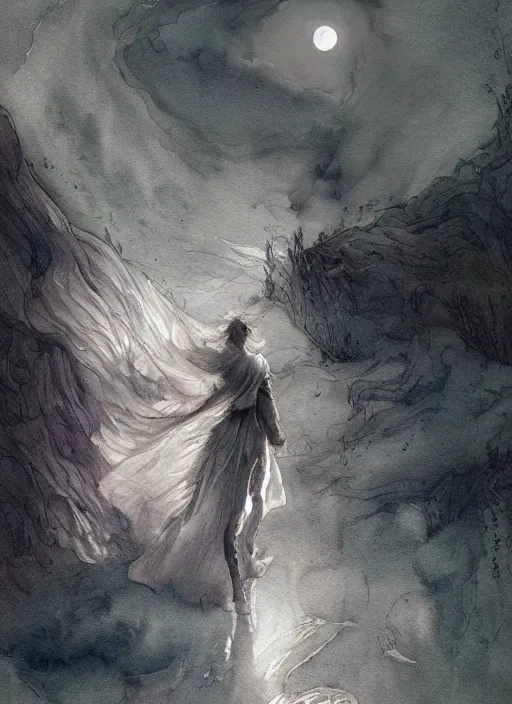 Image similar to portrait, dream wanderer and the moon, watercolor, dramatic lighting, cinematic, establishing shot, extremely high detail, foto realistic, cinematic lighting, pen and ink, intricate line drawings, by Yoshitaka Amano, Ruan Jia, Kentaro Miura, Artgerm, post processed, concept art, artstation, matte painting, style by eddie mendoza, raphael lacoste, alex ross