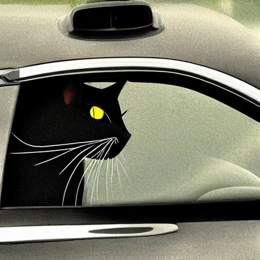 Image similar to A sad black cat driving his car to work, award-winning photograph, highly detailed, gloomy, washed out colors, the car is a Toyota prius, depressive