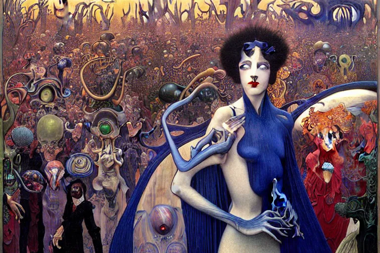 Image similar to realistic extremely detailed portrait painting of an elegant vampire in a crowded futuristic street, detailed alien crowd by Jean Delville, Amano, Yves Tanguy, Alphonse Mucha, Mark Brooks, Ernst Haeckel, Edward Robert Hughes, Roger Dean, rich moody colours, blue eyes