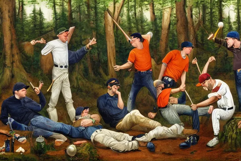 Image similar to mid - thirties guys in baseball caps binge drinking in a forest, in the style of skovgaard