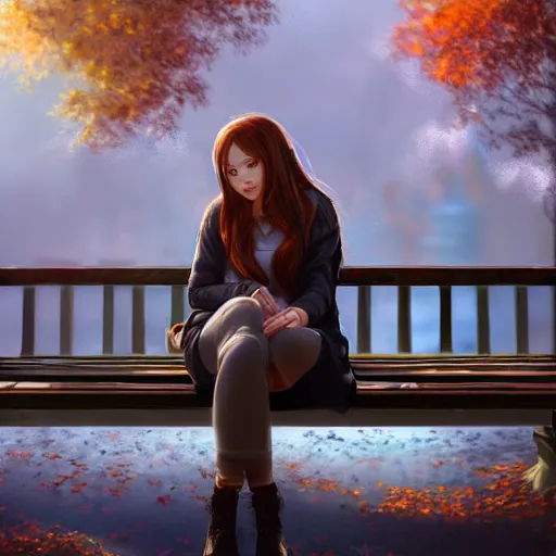 Image similar to highly detailed and intricate wlop artwork of a beautiful woman wearing casual clothes sitting on a park bench in the fall, volumetric lighting, extremely complex, trending on artstation, featured on behance, 4 k, 8 k, 1 6 k