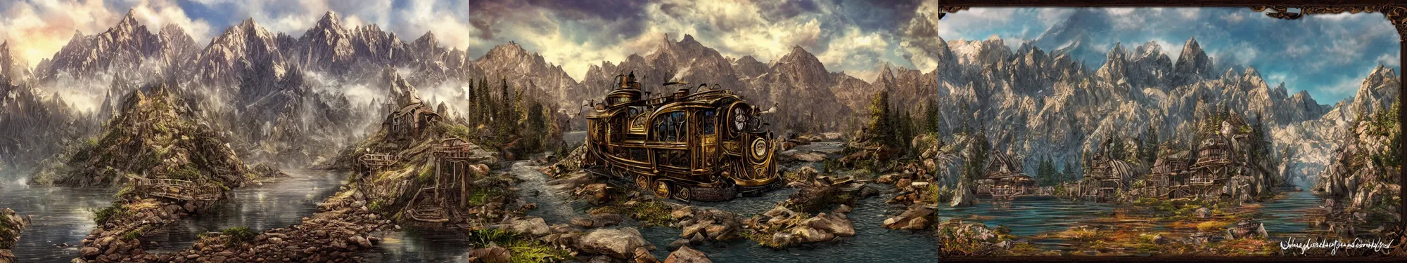 Prompt: lakeside mountains, steampunk