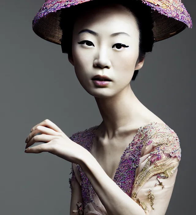 Image similar to photography american portrait of a beautiful asian woman like chiharu okunugi, great hair style,, half in shadow, natural pose, natural lighing, rim lighting, wearing an ornate stunning sophistical fluid dress and hat iris van herpen, colorfull newbaroque makeup by benjamin puckey, highly detailed, skin grain detail, photography by paolo roversi