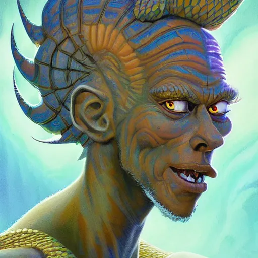 Prompt: lucky labyrinth mohawk scales generator portrait by gaston bussierre and charles vess and james jean and erik jones and rhads, inspired by rick and morty, epic, funny, huge scale, beautiful fine face features, intricate high details, sharp, ultradetailed