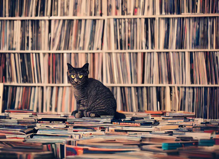 Image similar to photography of a Cat sitting on a pile of books and vinyls. a record player is in the shot. in a room full of vinyls and posters out of the 70's, photorealistic, raining award winning photo, 100mm, sharp, high res