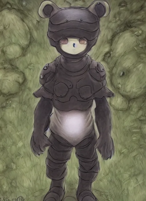 Image similar to beautiful little boy wearing an cyborg bear suit, artwork in kentaro miura and made in abyss and rosdraws, smooth, beautiful lightness, anatomically correct, trending on pixiv, forest