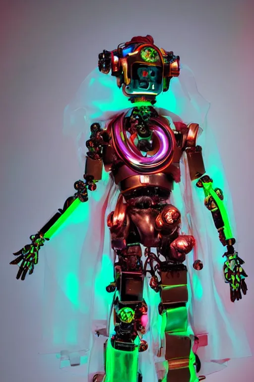 Image similar to full-body rococo and cyberpunk style mint neon and ceramic statue of a muscular attractive Spanish robot god humanoid wearing a thing see-through plastic cloak sim roupa, posing like a super hero, suspended to the wall thick clear cables around his wrists, glowing mint face, crown of red steampunk lasers, emeralds, swirling silver silk fabric. futuristic elements. oozing glowing liquid, full-length view. space robots. human skulls. throne made of bones, intricate artwork by caravaggio. Trending on artstation, octane render, cinematic lighting from the right, hyper realism, octane render, 8k, depth of field, 3D