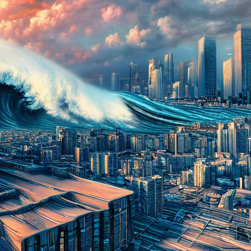 Image similar to photorealistic imposing tidal wave encroaching on a city. hyperdetailed photorealism, 1 0 8 megapixels, amazing depth, glowing rich colors, powerful imagery, psychedelic overtones, 3 d finalrender, 3 d shading, cinematic lighting, artstation concept art