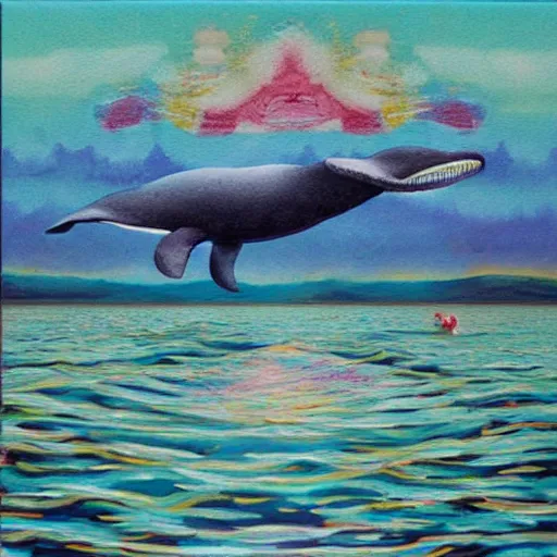 Prompt: renissance oil painting of an abstract silicon whale god, flying over people in a lake