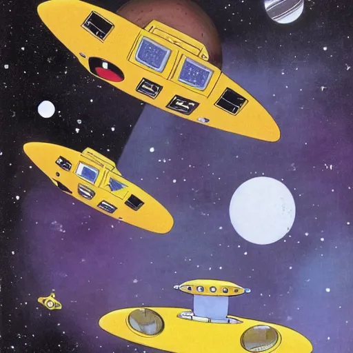 Image similar to little yellow spaceship with robot arm, in outer space, Ron cobb, Yoshitaka Amano, 1980s, science fiction