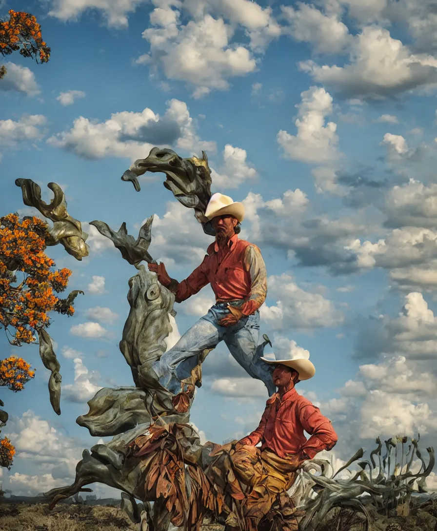 Image similar to a cowboy turning into blooms by slim aarons, by zhang kechun, by lynda benglis. tropical sea slugs, angular sharp tractor tires. complementary bold colors. photo of a manly cowboy. warm soft volumetric dramatic light. national geographic. 8 k, rendered in octane, smooth gradients. angular sculpture by antonio canova by gian lorenzo bernini.