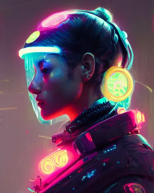 Image similar to detailed side profile portrait Neon Operator Girl, cyberpunk futuristic neon, reflective puffy coat, decorated with traditional Japanese ornaments by Ismail inceoglu dragan bibin hans thoma greg rutkowski Alexandros Pyromallis Nekro Rene Maritte Illustrated, Perfect face, fine details, realistic shaded, fine-face, pretty face