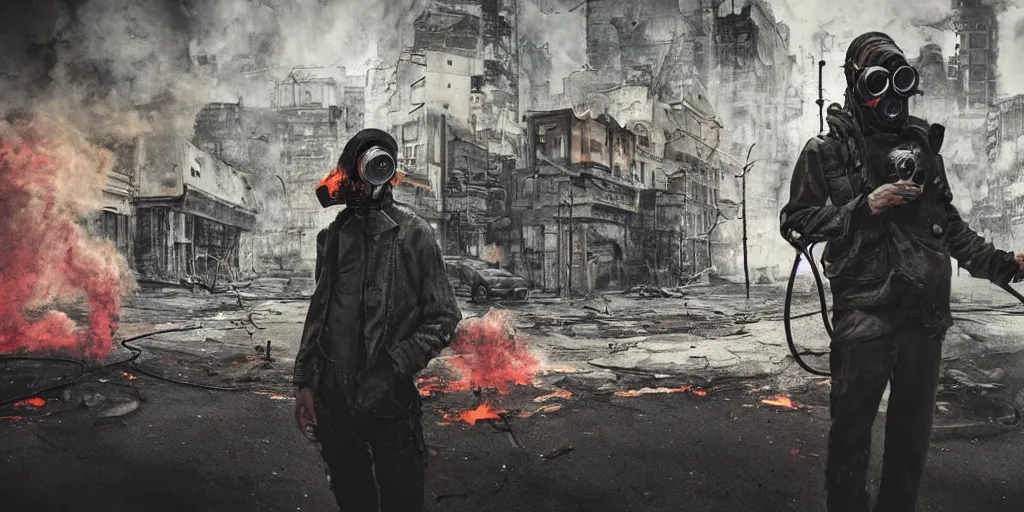 Image similar to post - apocalyptic city streets, close - up shot of an anarchist with a gasmask, burning cars, explosions, acid color smoke, hyperrealistic, gritty, damaged, urban photography, photorealistic, high details