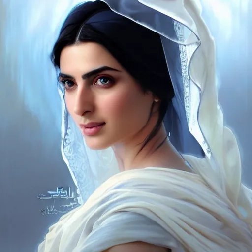 Prompt: a Photorealistic dramatic hyperrealistic,Crystal blue eyes saudi ameera al taweel with black hair, white veil,elegant face, Greek, middle eastern, by WLOP,Artgerm,Greg Rutkowski,Alphonse Mucha, Beautiful dynamic,shadows,Artstation,concept design art,Octane render,8K