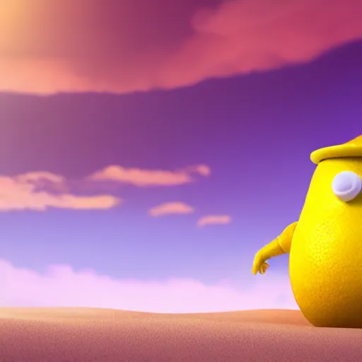 Prompt: 3 d octane render, of an anthropomorphic lemon character inspired by cartoon adventure time with lemon skin texture, it is wearing a hat, building a sandcastle on the beach at sunset, beach, huge waves, sun, clouds, long violet and green trees, rim light, cinematic photography, professional, sand, sandcastle, volumetric lightening