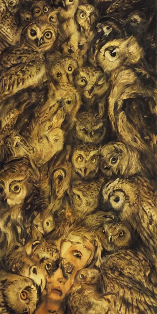 Prompt: a painting of owls singing nightmares in the ear of sleeping maidens, by ruan jia, by austin osman spare, detailed oil painting, baroque, occult art, esoteric symbolism