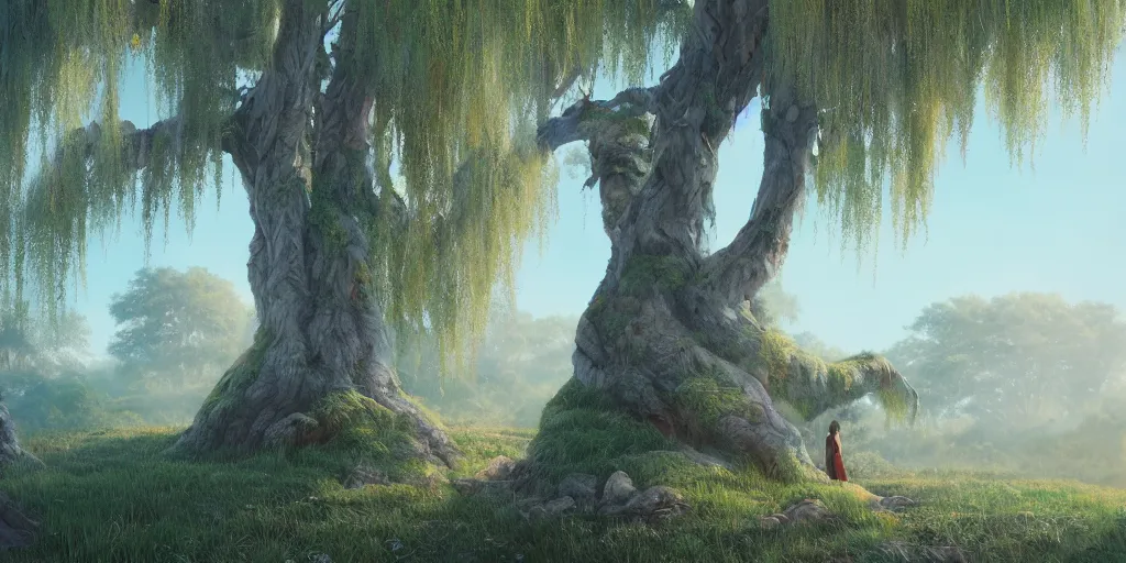 Image similar to willow tree, matte oil painting, highly detailed, hyperrealistic, cinematic, breathtaking, beautiful composition, Studio Ghibli, James Jean, volumetric lighting, octane render, 4K resolution, trending on artstation