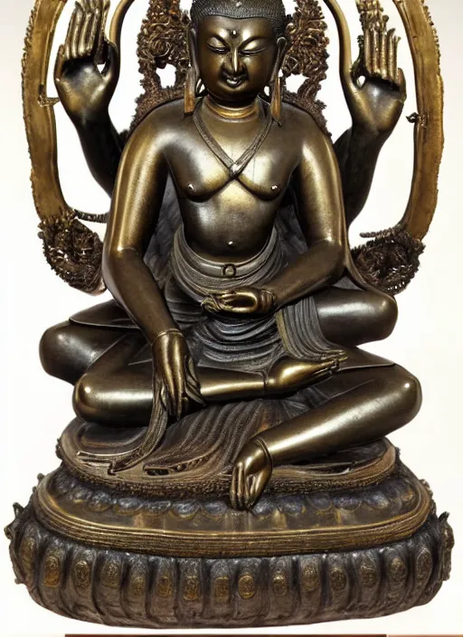 Prompt: photo of a magnificent gilt-bronze seated figure of bodhisattva, body of a man head of an asian black bear, lots of fur detail, realistic bears head, studio lighting