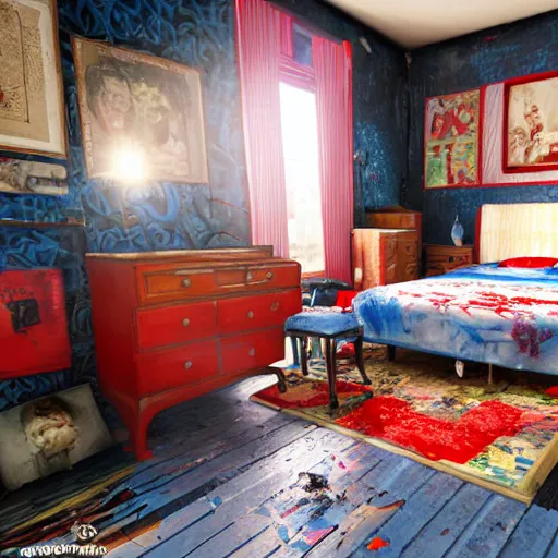Prompt: male artist's messy, cluttered, dirty bedroom with black wallpaper with blue floral pattern and a big bold red christian cross on the wall. items covering floor. realistic, highly detailed, sharp focus, volumetric lighting, full shot, 3 5 mm, unreal engine,