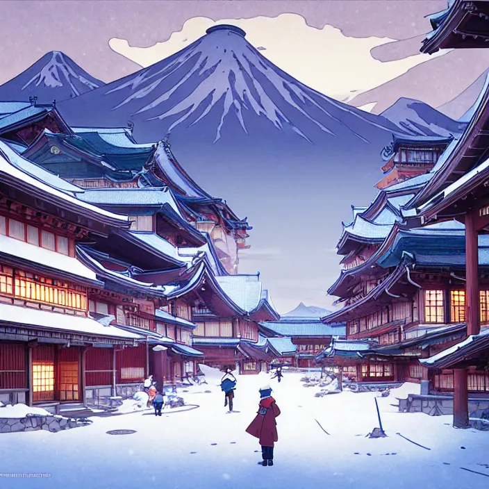 Image similar to empty japanese mountain city, winter, in the style of studio ghibli, j. c. leyendecker, greg rutkowski, artem