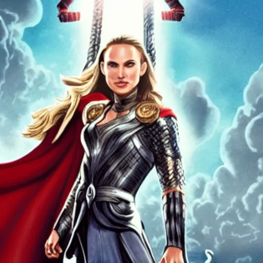 Prompt: Natalie Portman is female Thor, flying through the sky, graphic novel