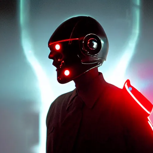 Image similar to movie still of a man with a cyborg helmet with a glowing third eye, cinematic composition, cinematic light, by edgar wright and david lynch