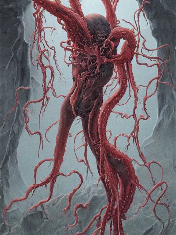 Prompt: painting by wayne barlowe of a flying sorrowful looking severed human head with tears running down it's eyes, face that is chalk white in color, with long sprawling white tentacles stemming down it's neck, fiery scorching red!!! eyes, flying in a terrying hellish dark scorching cave