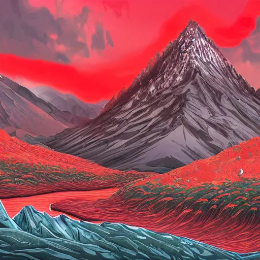 Prompt: a river of blood flows through the souls of men, mountains rise, and mountains fall, but communism lasts throughout it all, digital art, paintint