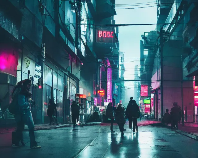 Image similar to people walking down a cyberpunk street at night