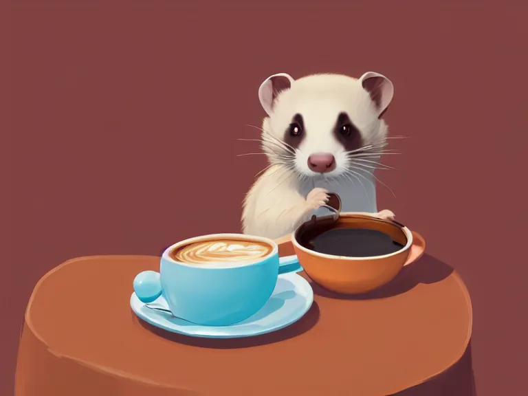 Image similar to a ferret drinking coffee in an empty cafe, 8 k, digital painting, stylized, hazel and cream gradient, warm color scheme, dynamic lighting, octane, trending on artstation