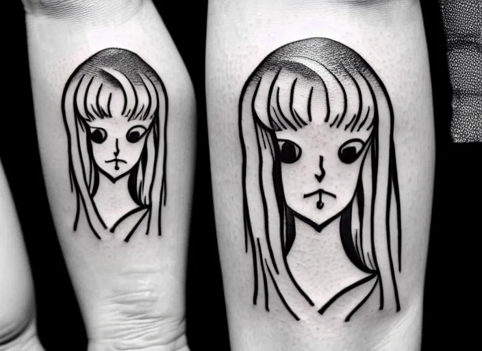 Image similar to simple tattoo design of an anxious woman drawn by junji ito, simplistic junji ito lineart black and white