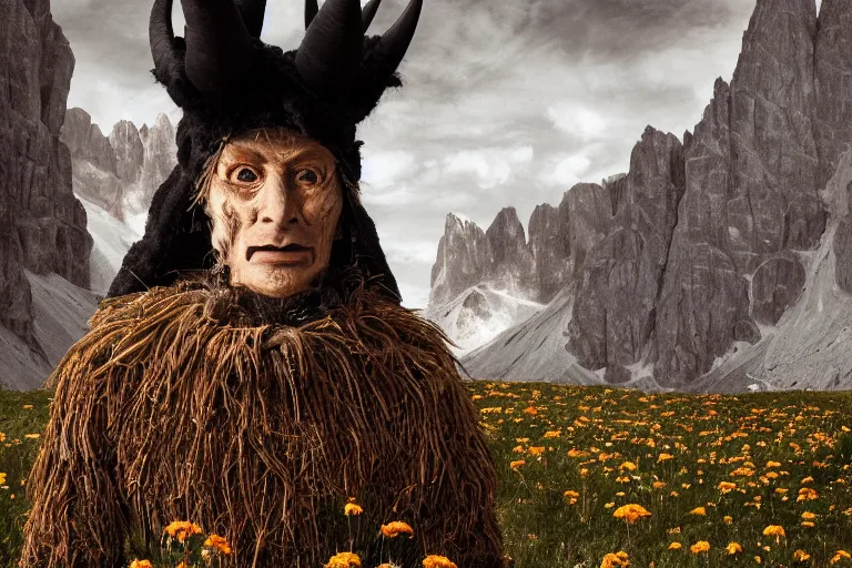 Image similar to portrait of a tyrolean folklore mask, dark, eerie , wearing hay coat, with horns, eerie, flowers growing out of his body, dolomites in the background, detailed intricate insanely detailed octane render, 8k artistic 1920s photography, photorealistic, chiaroscuro, by David Cronenberg, Raphael, Caravaggio