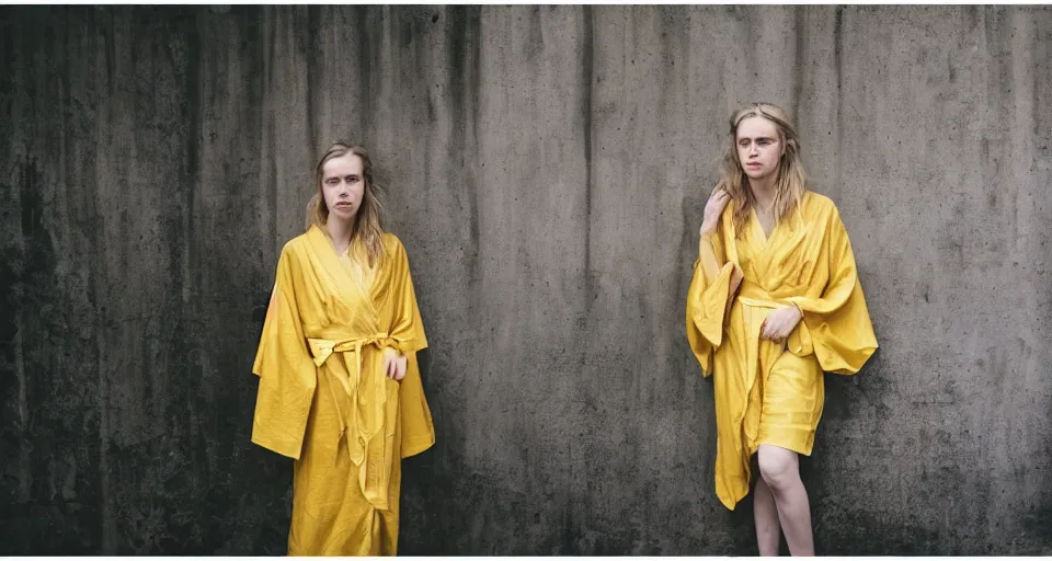 Image similar to Medium format portrait photography of a elegant young woman that look like Brit Marling wearing a yellow kimono in Palmehuset Copenhagen, Denmark, bokeh