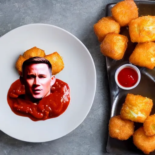 Image similar to food photo of channing tatum's face on top of giant tater tot on a plate with ketchup