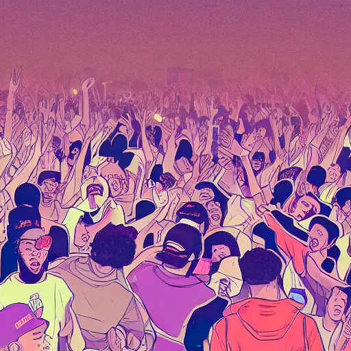 Image similar to rapper leaning over huge crowd reaching up to him, digital art, vapor wave, hip hop, trending on Artstation, professional artist, detailed, 4k