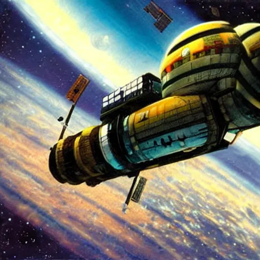 Prompt: abandoned beautiful space station in deep space, chris foss, terran trade authority