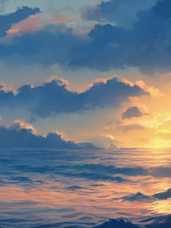 Image similar to a beautiful illustration of the ocean at sunrise by Makoto Shinkai