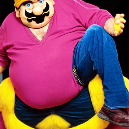 Image similar to live-action-Wario-hollywood movie casting, played by Chris Farley, posing for poster photography