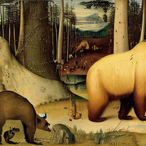 Image similar to a grizzly bear in the foreground, forest in the background, hieronymus bosch