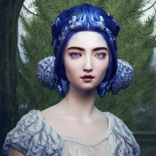 Prompt: 3 d render, hyper detailed, realistic female face and shoulders as a painted porcelain statue, with ornate blue willow pattern, white hair, fine facial features, white eyes and eyelashes, 8 k, 1 5 0 ml lens, elegant, white background, octane render, volumetric lighting, by carlos ortega elizalde and yomagick