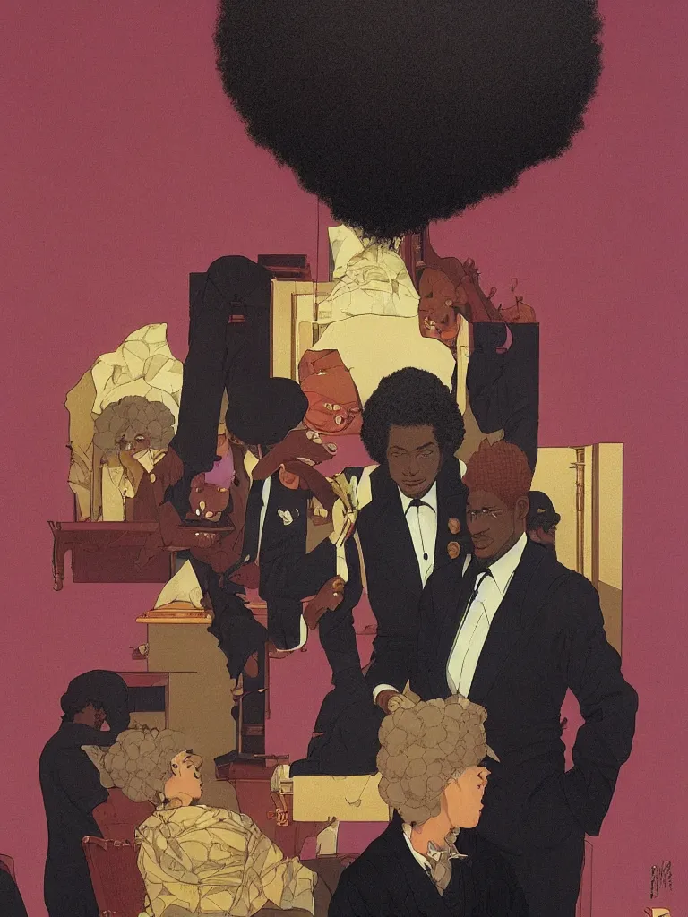 Prompt: black man with afro wearing a crown in a three piece suit by kawase hasui, moebius, edward hopper, colorful flat surreal design, dramatic lighting, hd, 8 k, artstation