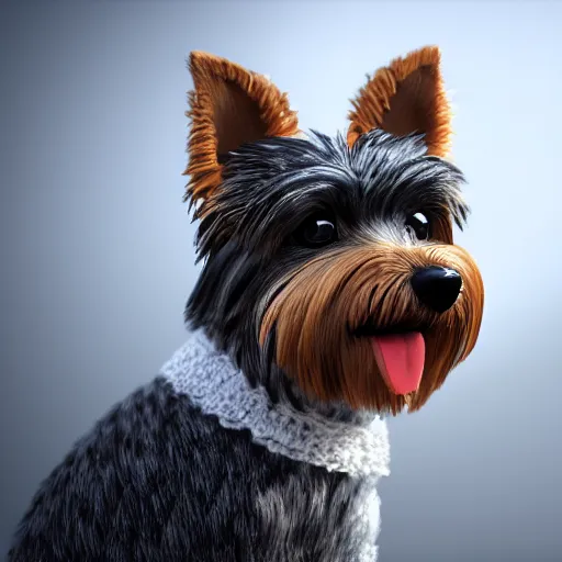 Image similar to a closeup photorealistic illustration of a smiling knitted yorkshire terrier dressed in a black gown, presiding over the courthouse. this 4 k hd image is trending on artstation, featured on behance, well - rendered, extra crisp, features intricate detail, epic composition and the style of unreal engine.