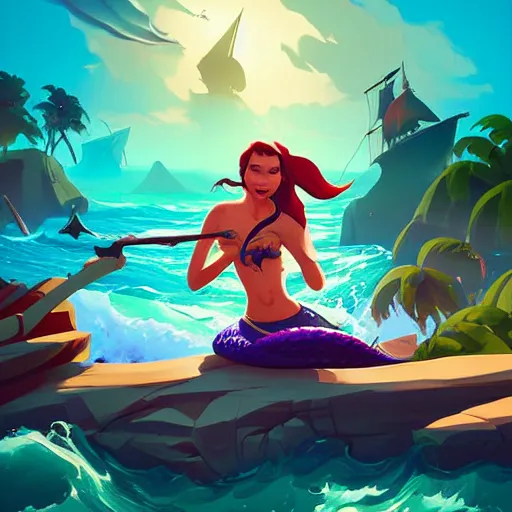 Image similar to painting mermaid treasure on sea of thieves game avatar hero smooth face median photoshop filter cutout vector, behance hd by jesper ejsing, by rhads, makoto shinkai and lois van baarle, ilya kuvshinov, rossdraws global illumination